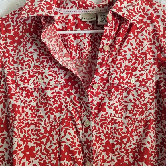 L.L. Bean Women's Medium Floral Pattern Button Down Red White Long Sleeve - Picture 2 of 7